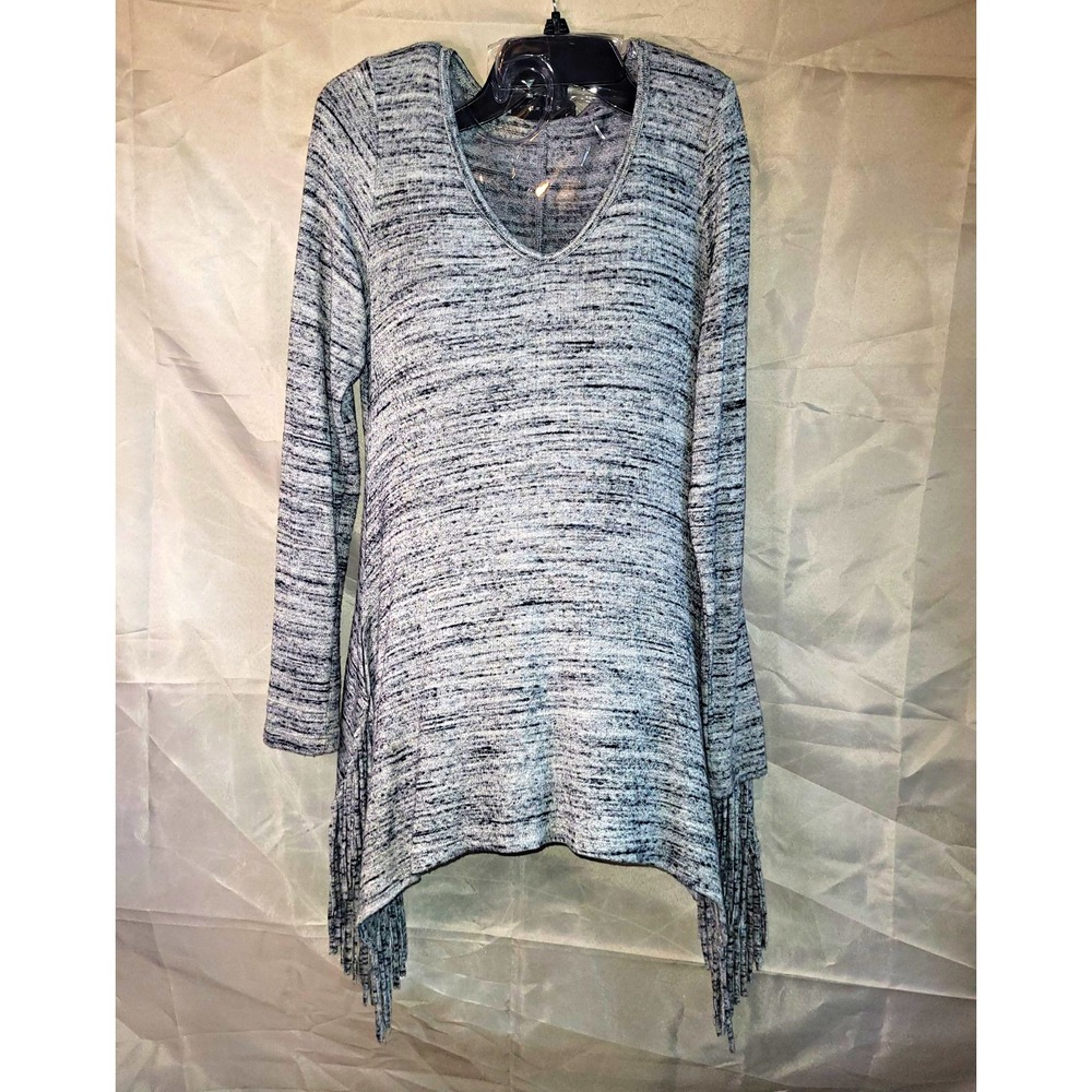 Karen Kane Womens S Gray/Black Heathered Knit V-Neck Long Sleeve Fringe Tunic